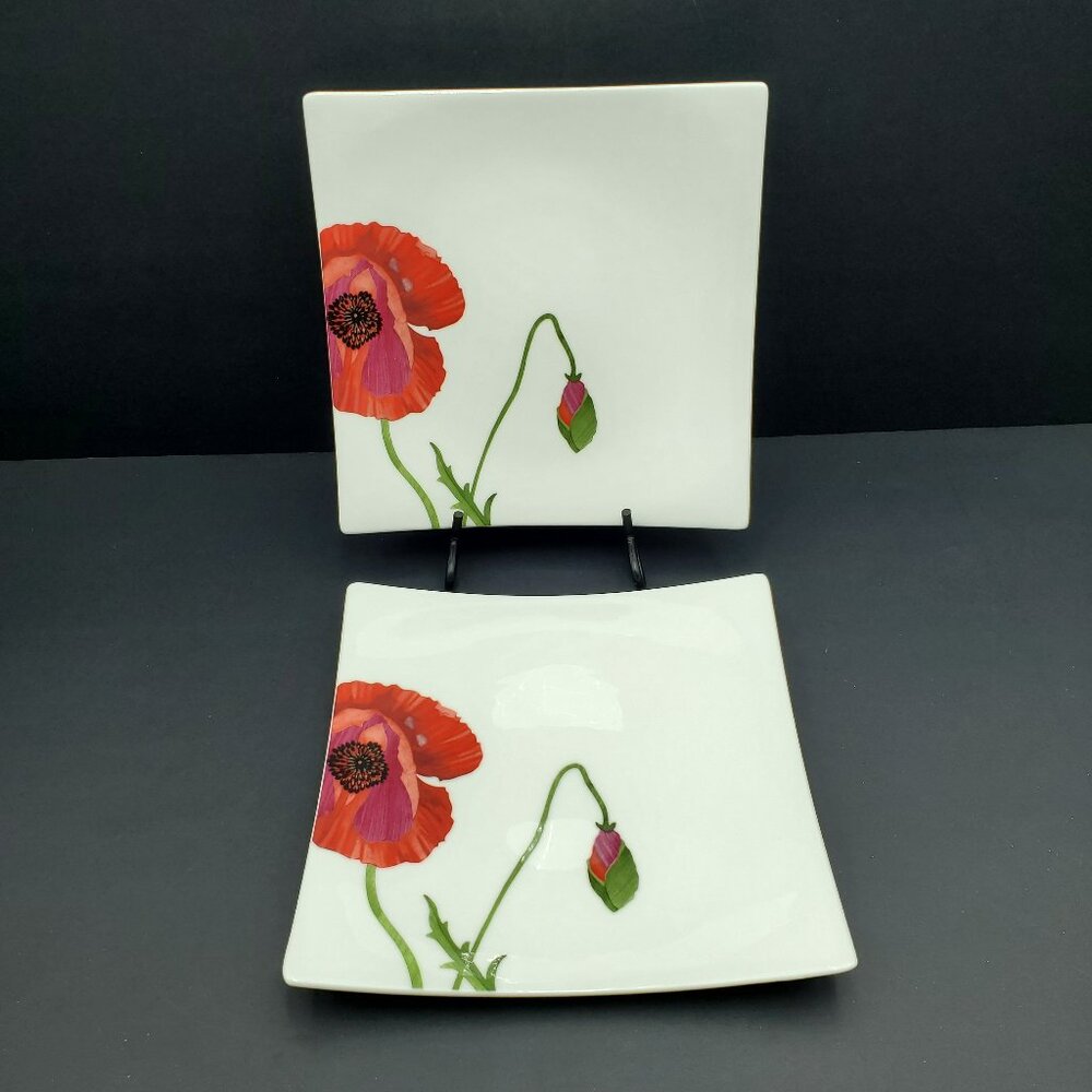 Red Vanilla Summer Sun Salad Plates Red Poppies Bone China Square Dessert Plates